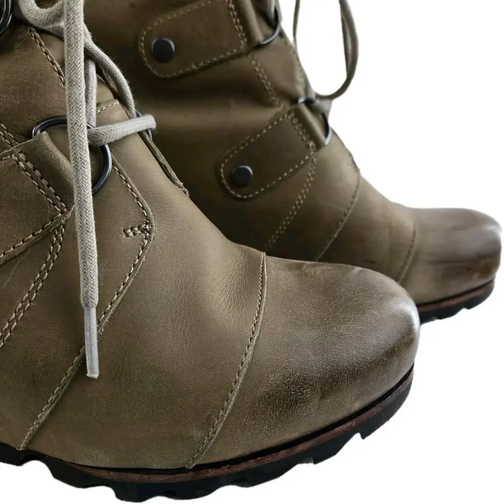 Sorel Boots Womens 9 Joan Of Artic Wedge Mid Tan Distressed Dark‎ Fog Waterproof